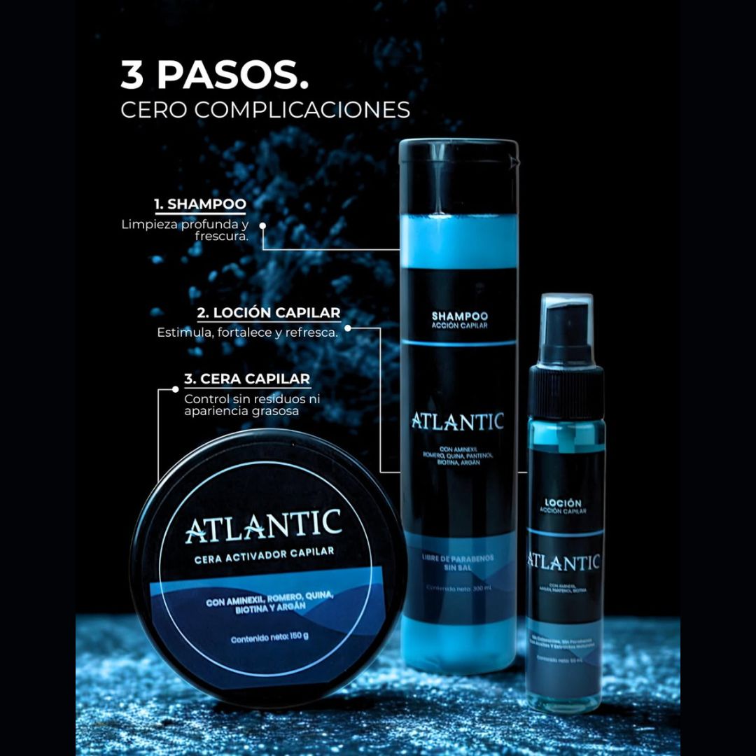 Kit Esencial Atlantic (1 Loción, 1 Cera, 1 Shampoo)